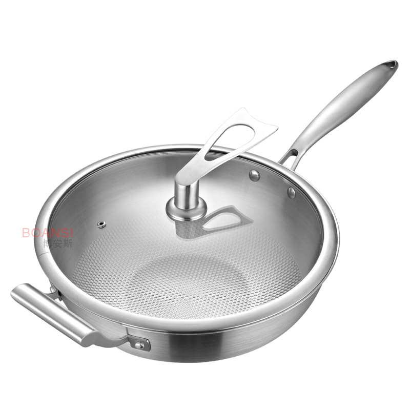 304 stainless steel wok, three-layer steel, low oil fume, no coating, flat bottom, non-stick wok, double-ear induction cooker, universal pic 17