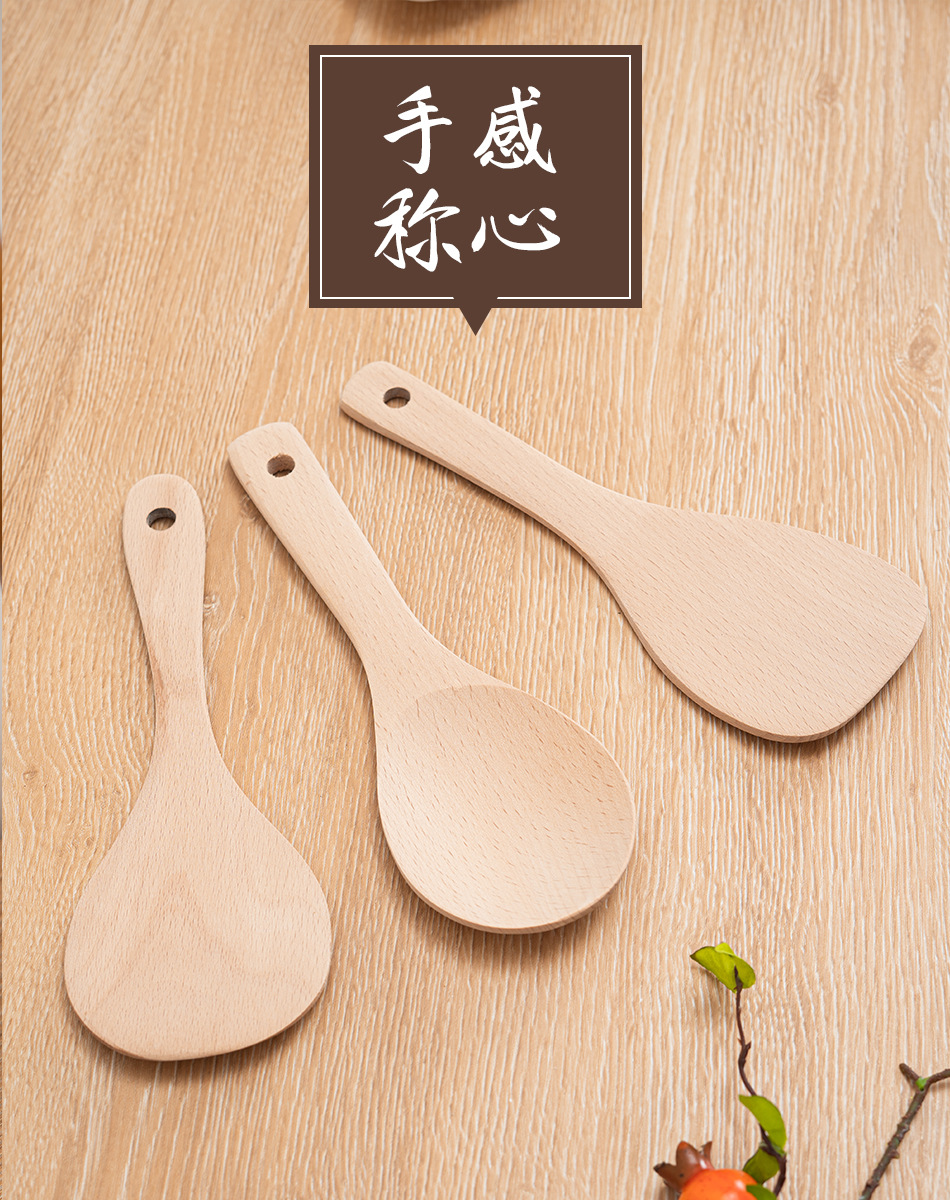 Wholesale beech long-handled spatula, unpainted and waxed cooking kitchenware set, non-stick pan, long-handled wooden spatula for stir-frying pic 13