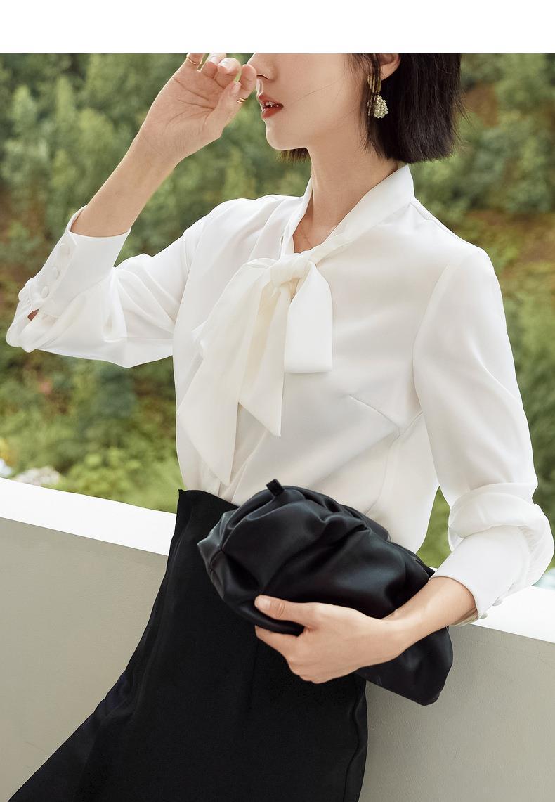 百薇秋季新品飘带女式衬衫潮流蝴蝶结女装通勤风纯色开衫系带上衣详情14