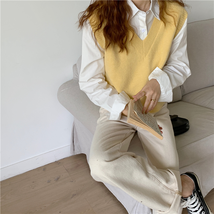 新款春秋女装洋气宽松显瘦V领毛衣外穿鹅黄色针织马甲背心详情36