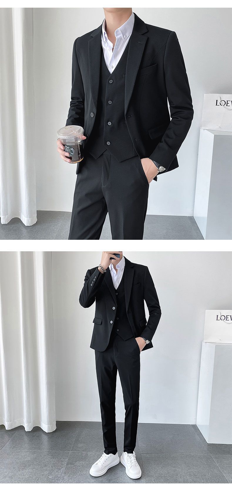 秋冬ins轻熟风韩版修身男士休闲二粒扣纯色西服三件套详情21