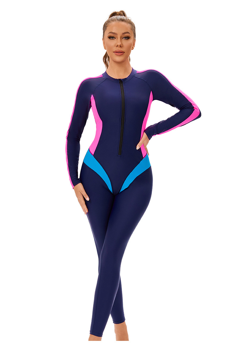 New color-block one-piece Muslim swimsuit for women, cross-border long-sleeved and long-sleeved trousers, conservative full-body zip-up swimsuit pic 2