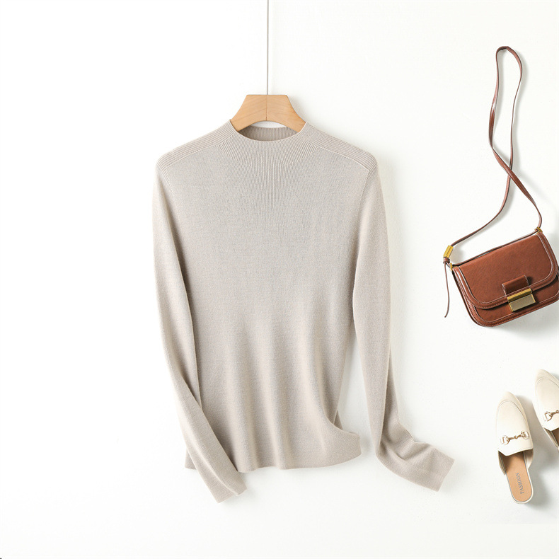 Fine-spun, machine-washable wool 100 knitted sweater design, semi-high collar, slimming, solid color autumn new wool sweater top pic 15