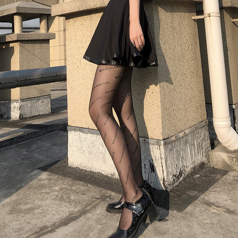 黑色字母丝袜薄款女夏天鹅绒光腿神器JK巴黎b家黑丝菠萝袜连裤袜详情2