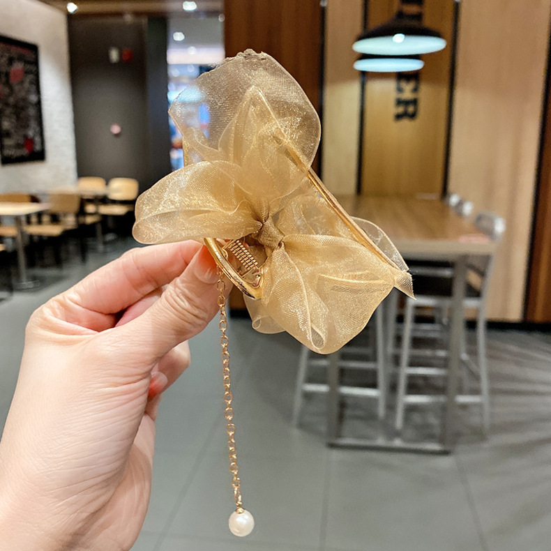 Mesh bow clip, Korean-style pearl tassel pendant hair clip, ancient style, super ethereal hair accessory, updo, shark clip pic 8