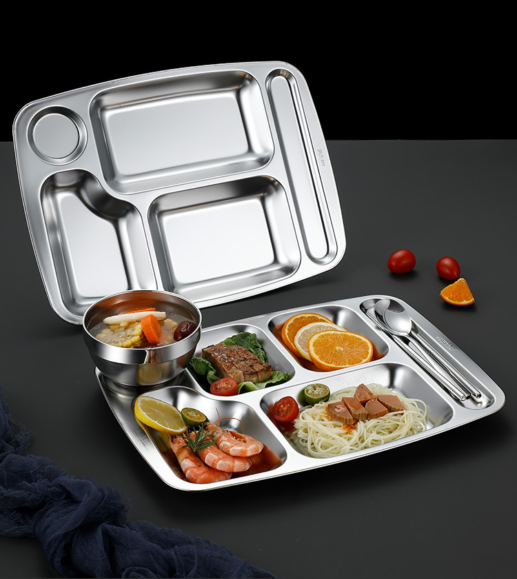 304 stainless steel fast food plates, divided into compartments, food-grade, school cafeteria plates, student meal plates, stainless steel plates pic 2