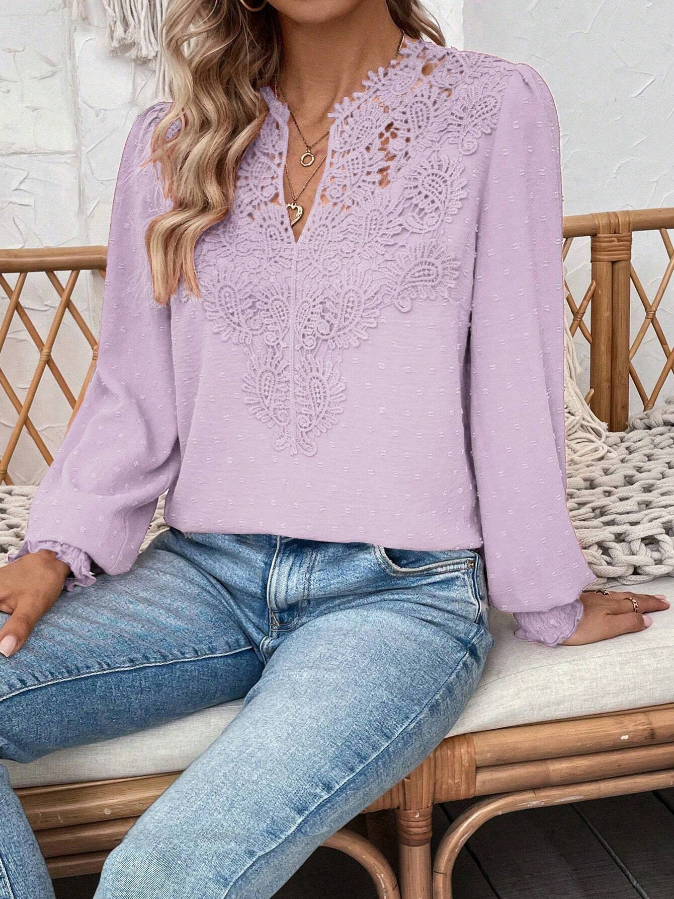 The new autumn and winter fashion V-neck lace solid color long-sleeved casual T-shirt for women on Amazon Cross-border in Europe and America in 2024 pic 8