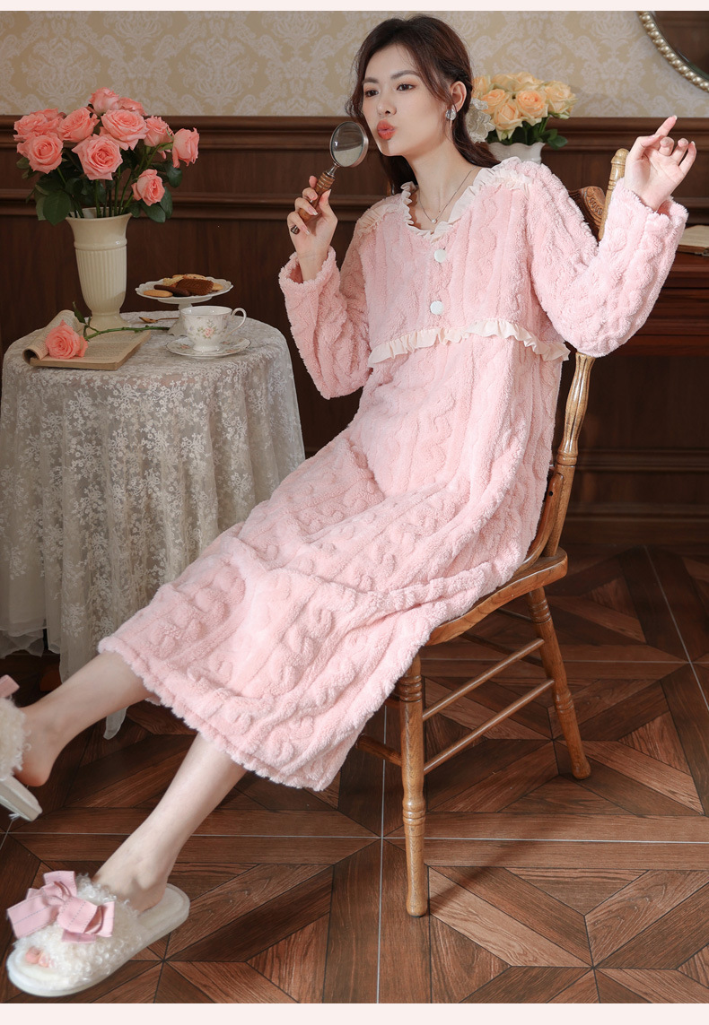 长袖加绒睡裙女冬加厚保暖双面法兰绒珊瑚绒长款家居服可外穿睡衣详情16