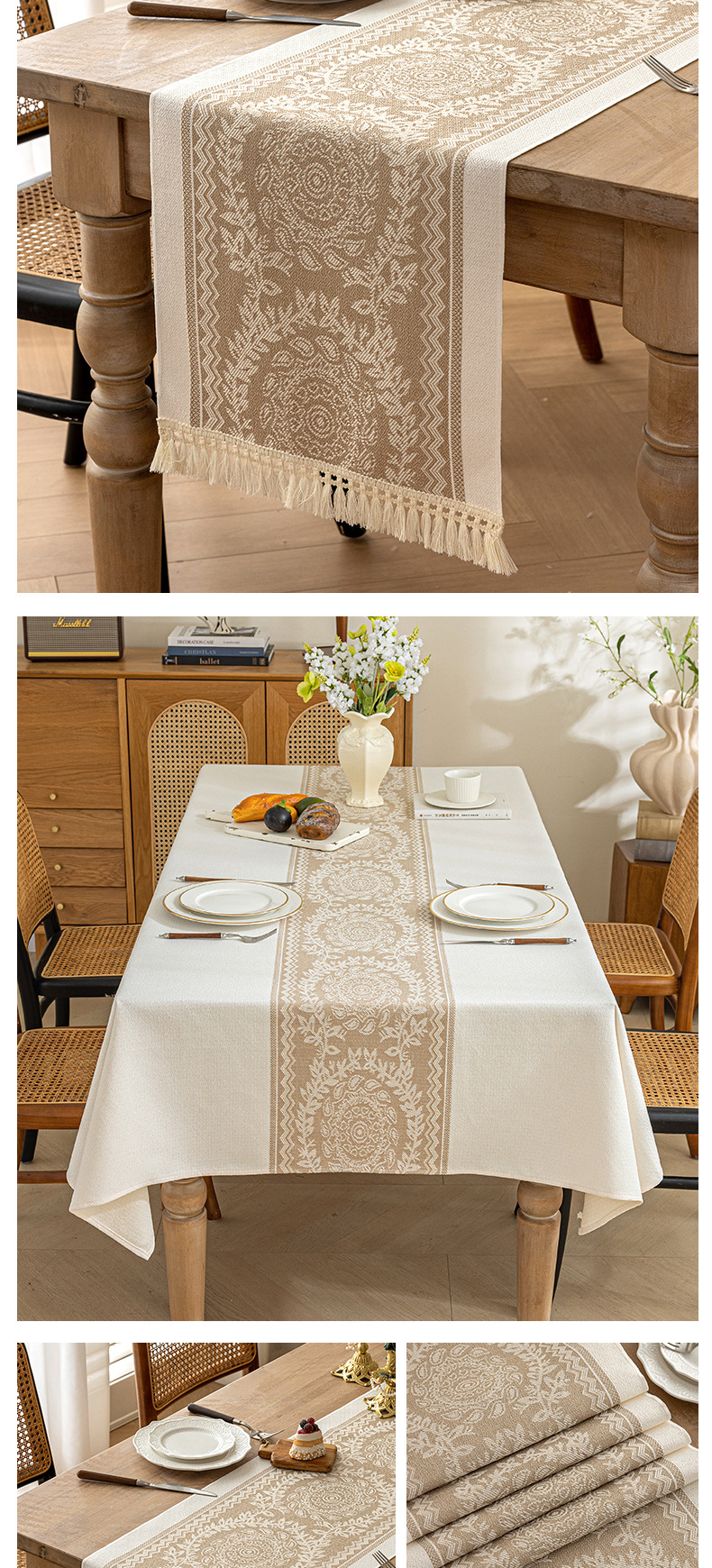 酷幸 跨境热销棉麻提花防水桌旗加厚家用北欧现代简约大方复古高级感长条布流苏茶桌旗批发代发详情18