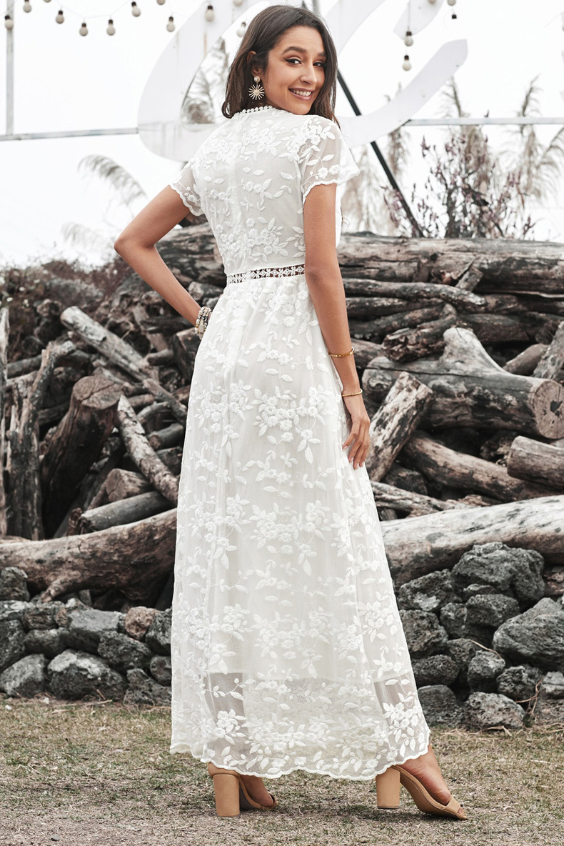 Summer lace crochet and cut-out long dress for women, European and American cross-border solid color style commuting solid color dress forwarding 611245 pic 38