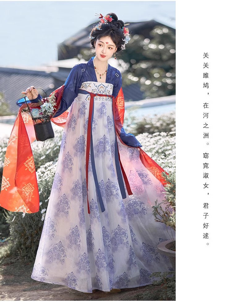 国潮原创唐制汉服【不晚】唐制复原款齐胸胸襦裙国风刺绣春夏款青花瓷详情9