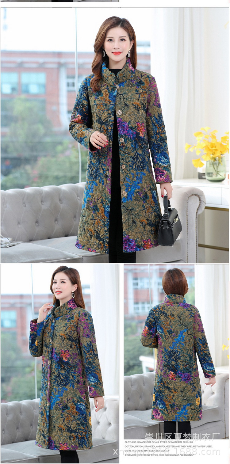 New winter cotton-padded jacket, long and patterned cotton-padded jacket with thick cotton lining for warmth, single-breasted stand-up collar pic 7