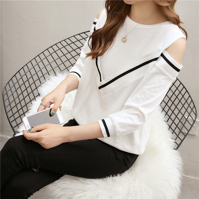 Spring and Autumn new versatile T-shirt for women, 7-inch sleeved off-the-shoulder long-sleeved sexy half-sleeved top pic 8