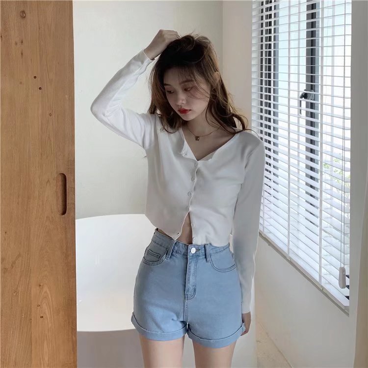 Wholesale of slim Hyuna style versatile rolled-up hot pants for women, high-waisted, light-colored tight denim shorts pic 52