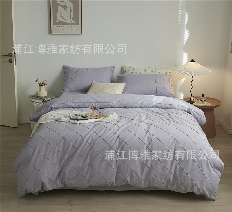 Wholesale of high-quality three or four-piece sets of washed cotton 40-count hand-knitted rhombus-shaped checkered plain pure cotton bedding pic 20