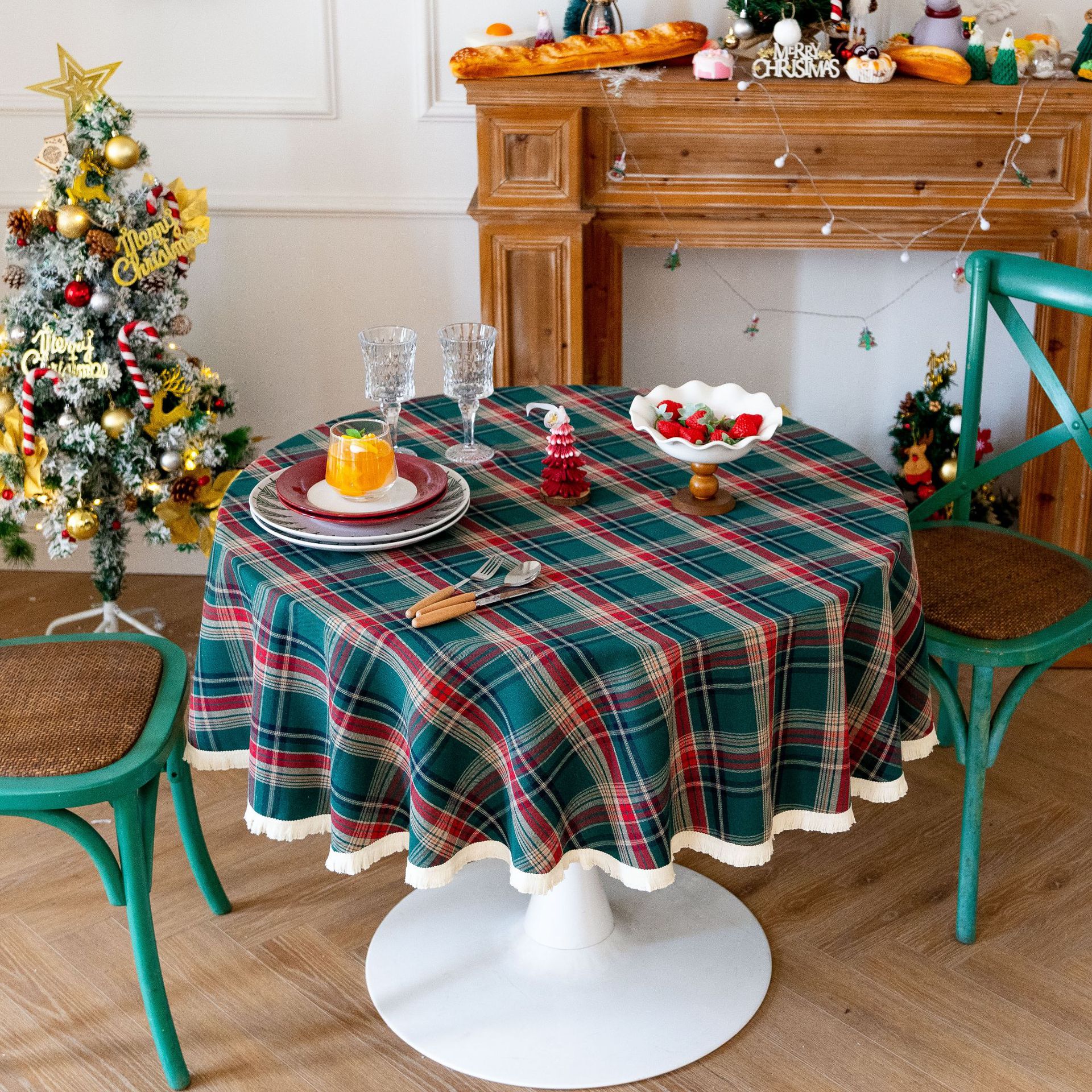 Tablecloth, coffee table, cotton and linen decorative table, ins style best-selling rectangular retro dining table, festive red Christmas checkered pic 13