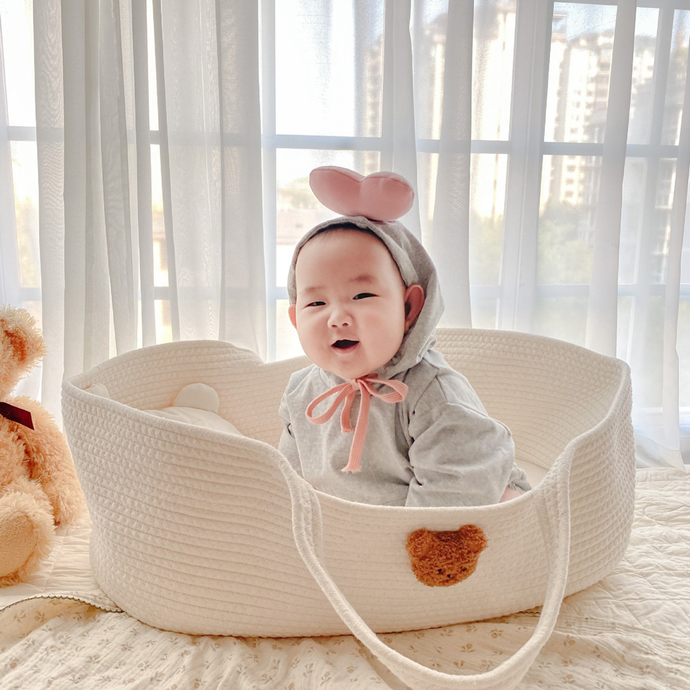 Portable pure cotton woven baby sleeping basket, portable baby crib for going out pic 43