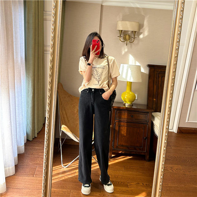 Treasure pants: Slimming, versatile, drape black straight-leg jeans for petite women, high-waisted wide-leg pants pic 25