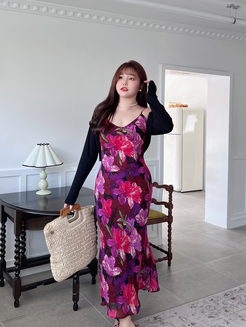 润其N8725法式收腰紫花鱼尾吊带裙批发 大码女装吊带连衣裙详情19