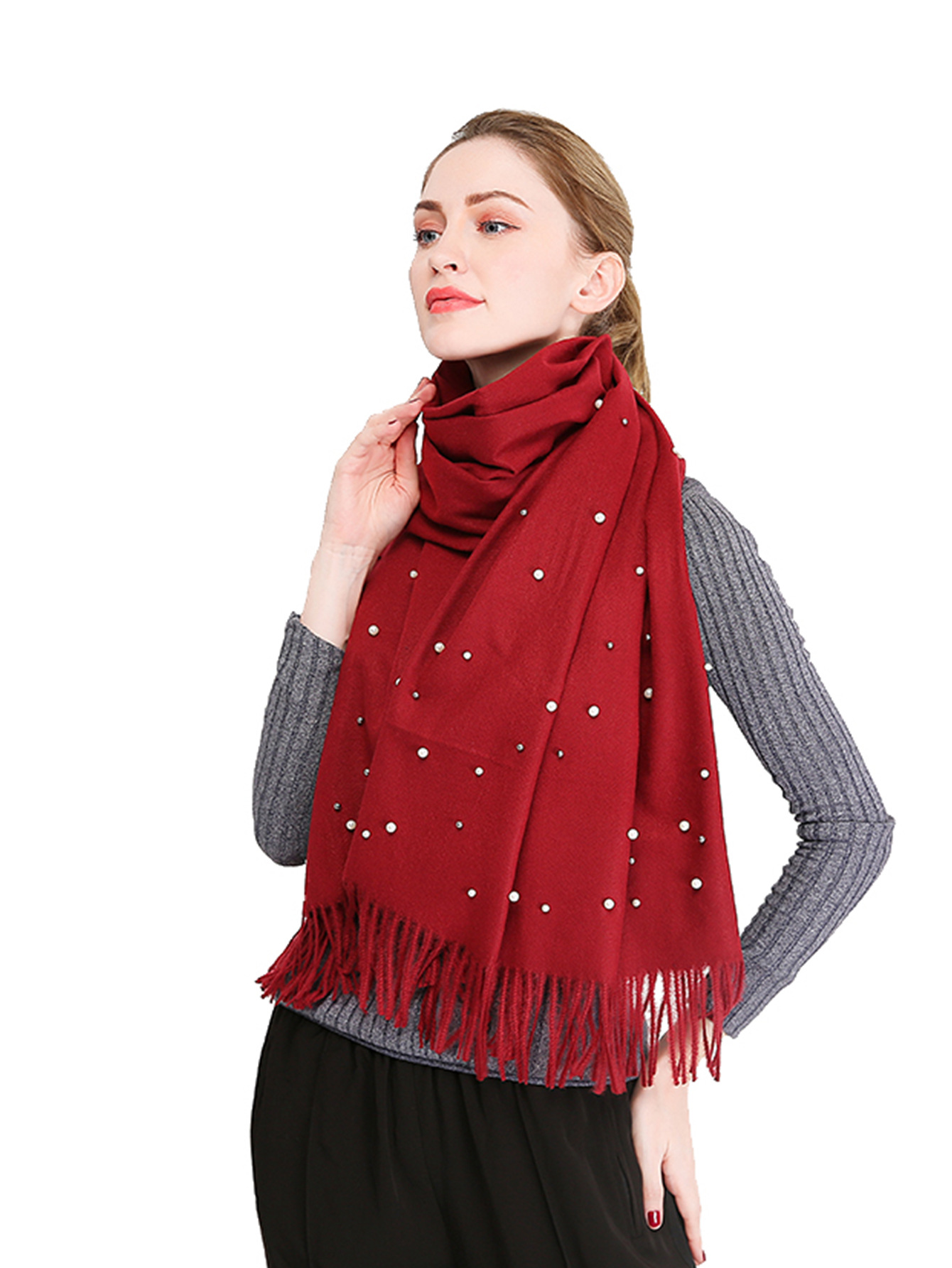 欧美热销 新款秋冬仿羊绒纯色刺毛钉珠披肩加厚保暖流苏女士围巾详情3