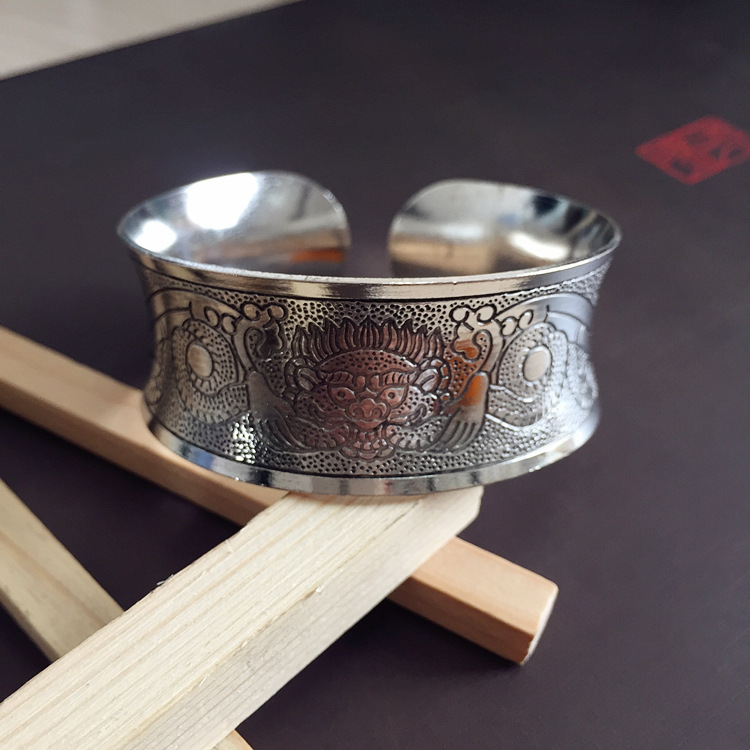 Retro ethnic style silver bracelet, European and American carved wide opening bracelet, fashionable and individual Miao silver aged ancient-style jewelry pic 28
