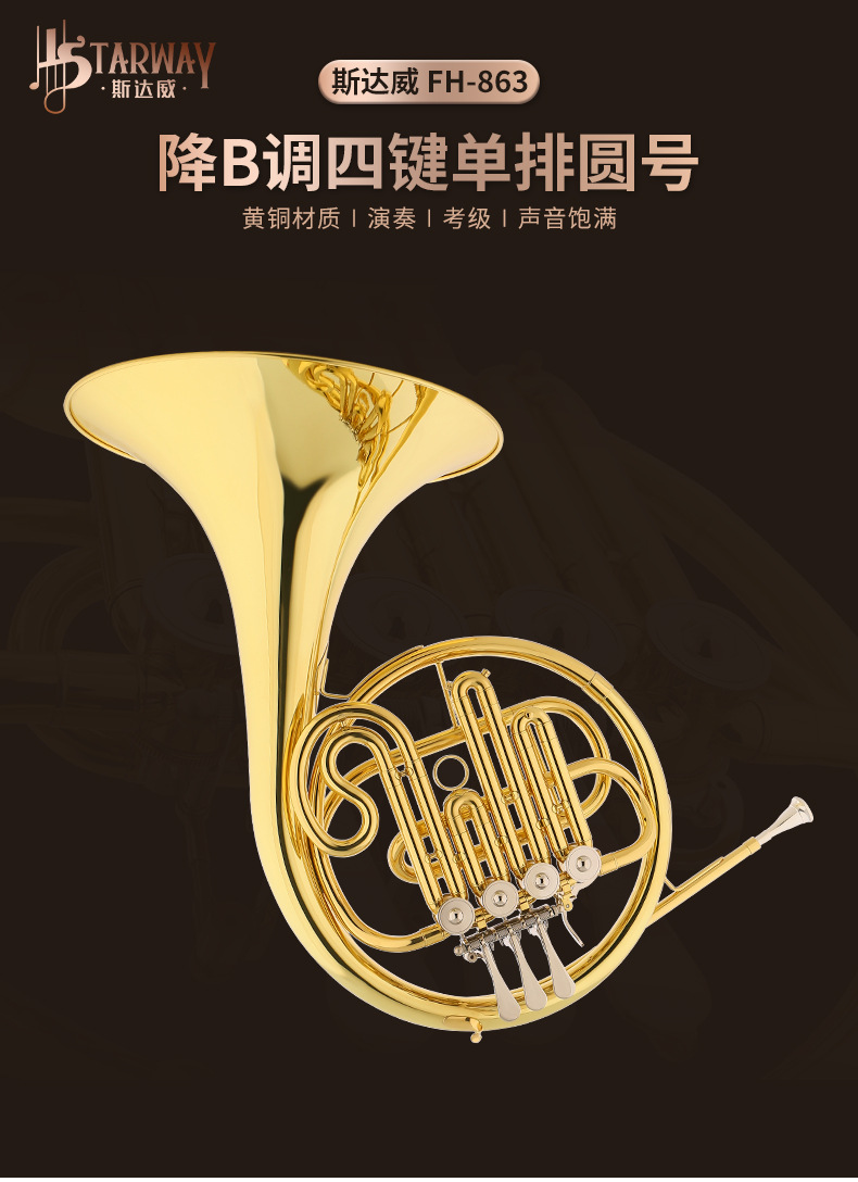 Starway斯达威黄铜管体乐器无铅焊接SDWHR-863漆金一体降B调圆号详情11