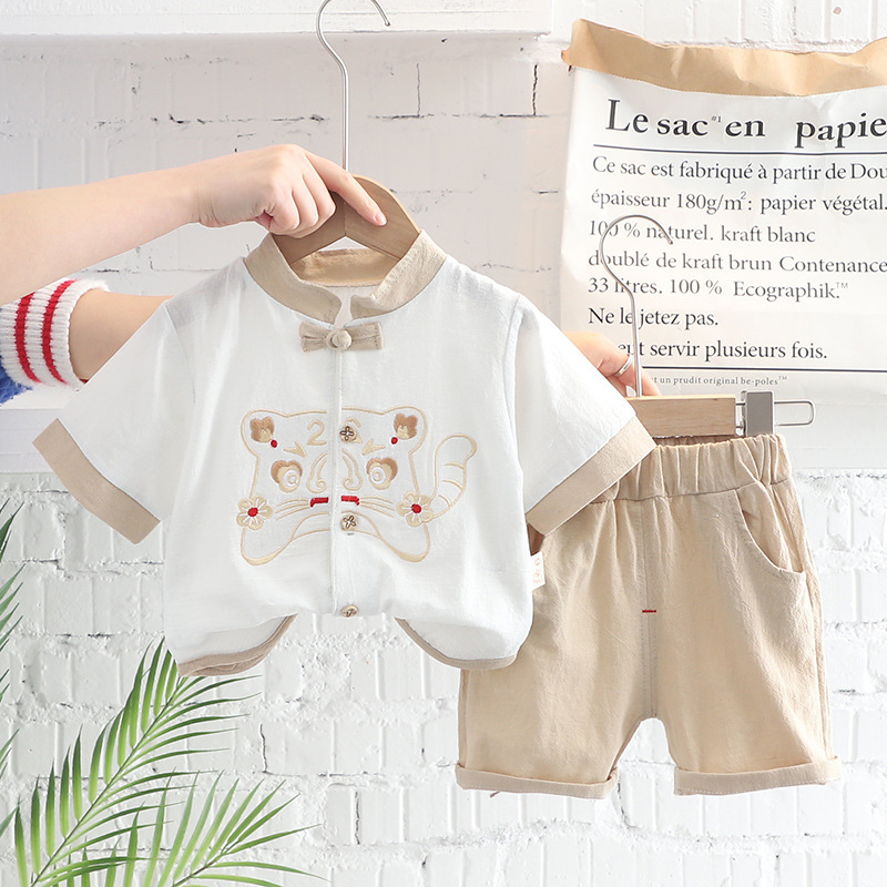Niño chino estilo han bebé algodón lino manga corta ropa de estilo nacional para niños moda nacional para niños año del tigre conjunto de dos piezas pic 3