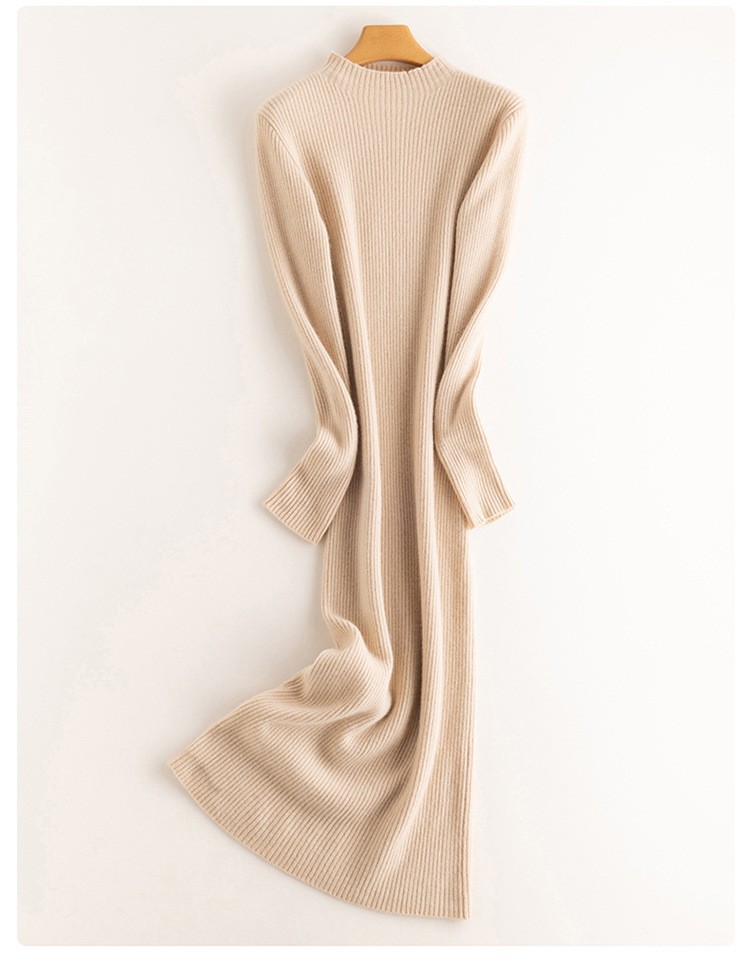 Early autumn semi-high-neck wool dress for women, mid-length sweater, knee-length cashmere knitted body-hugging skirt, long skirt as a base layer pic 37