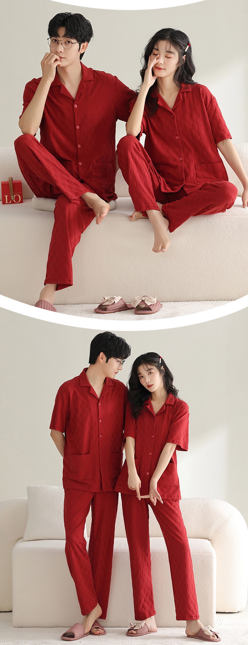 纯棉情侣睡衣夏季结婚新婚大码男士开衫长裤本命年红色家居服夏女详情9