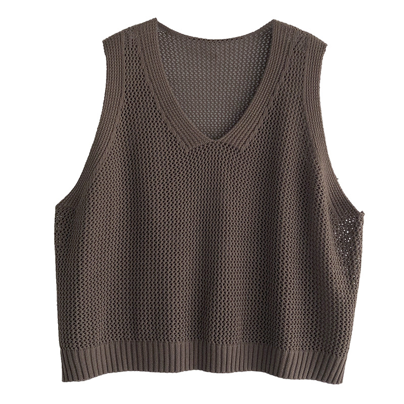 大码春秋新款文艺针织纯色缕空V领棉线无袖宽松女士叠穿马甲背心详情8