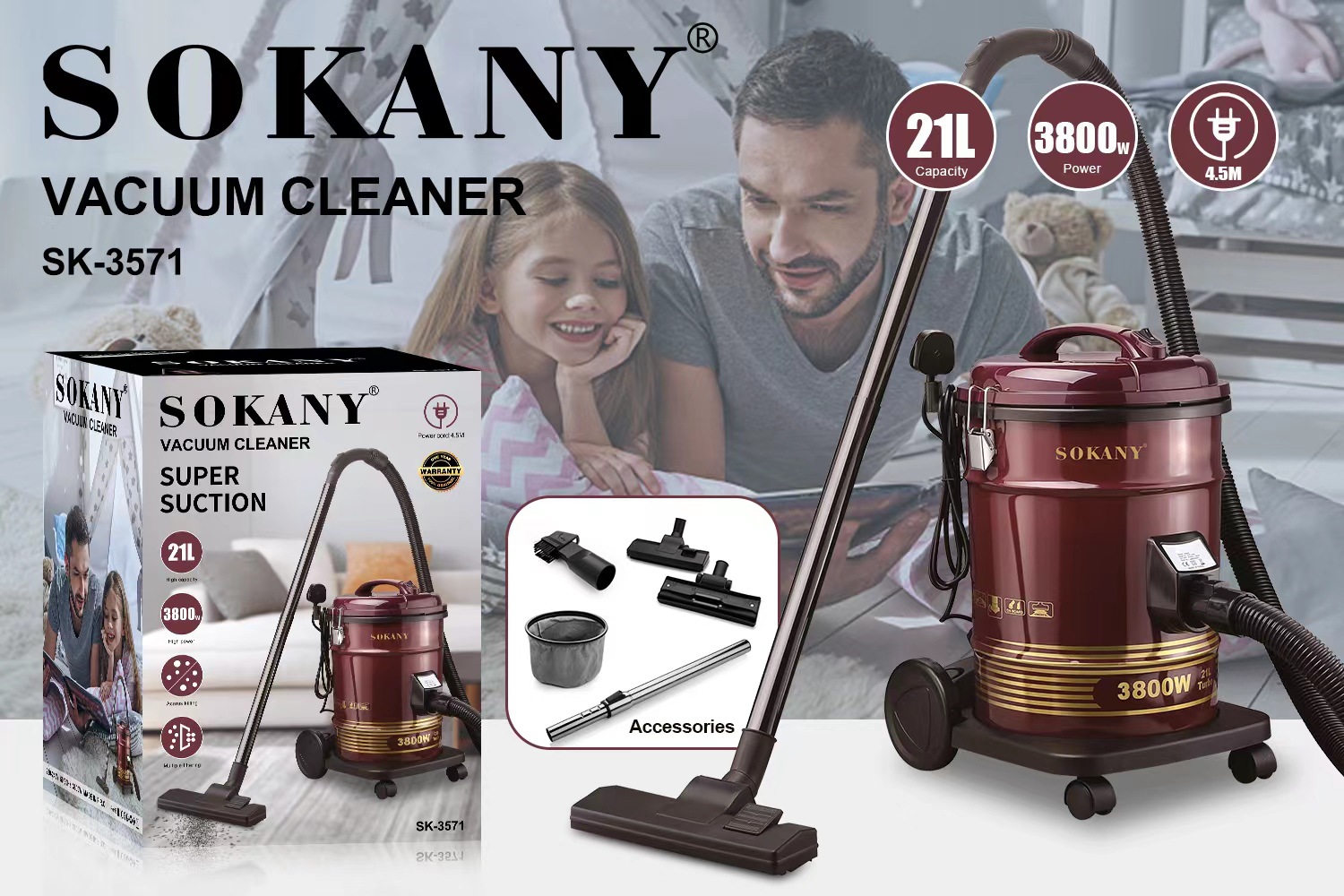 Cross-border SOKANY3571 household vacuum cleaner 21L Large capacity and high power wired dust removal and cleaning vacuum cleaner pic 1