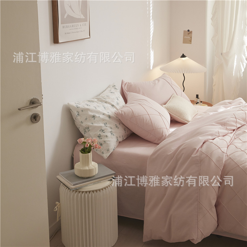 Wholesale of high-quality three or four-piece sets of washed cotton 40-count hand-knitted rhombus-shaped checkered plain pure cotton bedding pic 11
