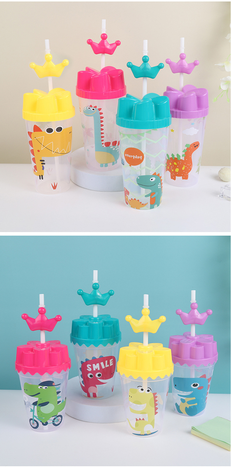 卡通恐龙图案透明PP居家日用饮料喝水吸管杯 400ml/600ml水杯直供果汁吸水杯详情8