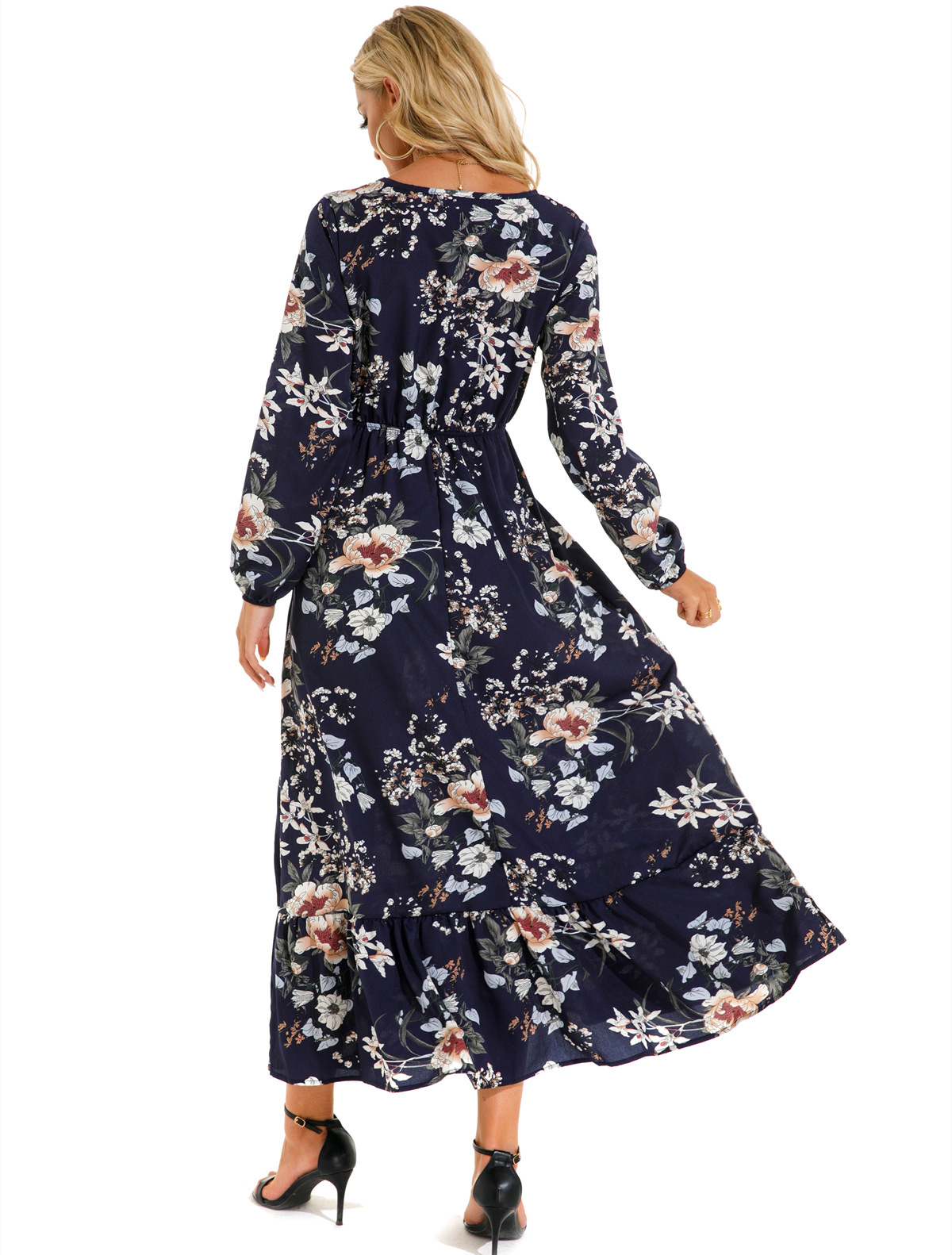 European and American floral long, round-neck, long-sleeved, waist-cinching and slimming dress pic 54