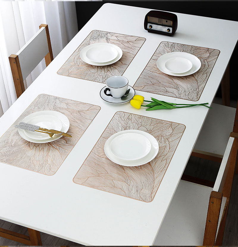 Rectangular feather placemats with an extremely high appearance level, pvc gold-embossed heat insulation pads, heat-resistant and waterproof decorative vase pads pic 3