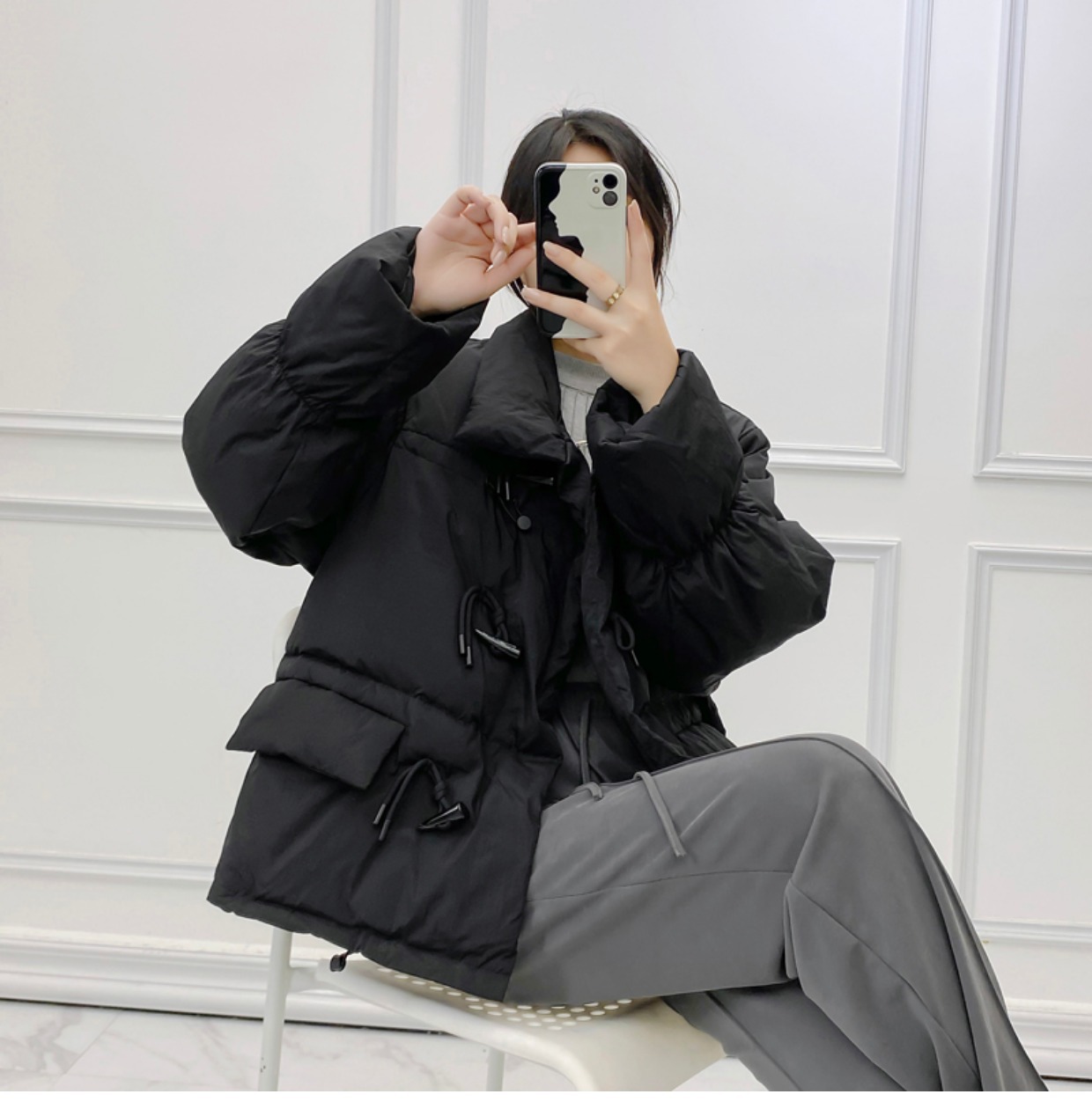 韩系仙女牛角扣羽绒服女洋气短款新款韩版宽松白鸭绒面包服外套潮详情24