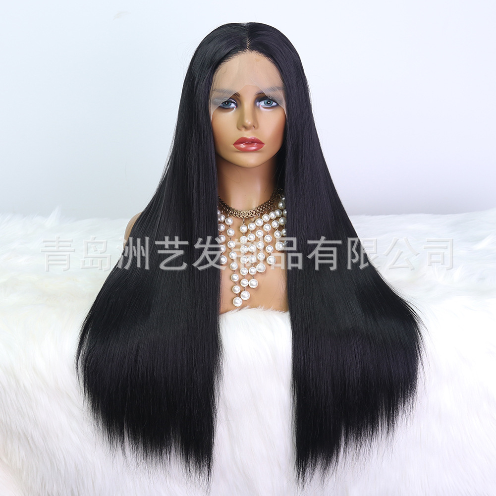 Synthetic fiber front lace wig, European and American anti-human hair black middle part long straight hair cover manufacturer wholesale one-piece consignment pic 1