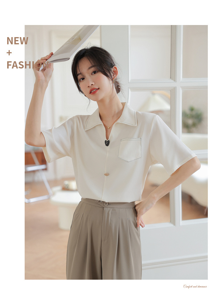 法式v领雪纺短袖衬衫夏季上衣设计感小众女式休闲风通勤气质衬衣详情14