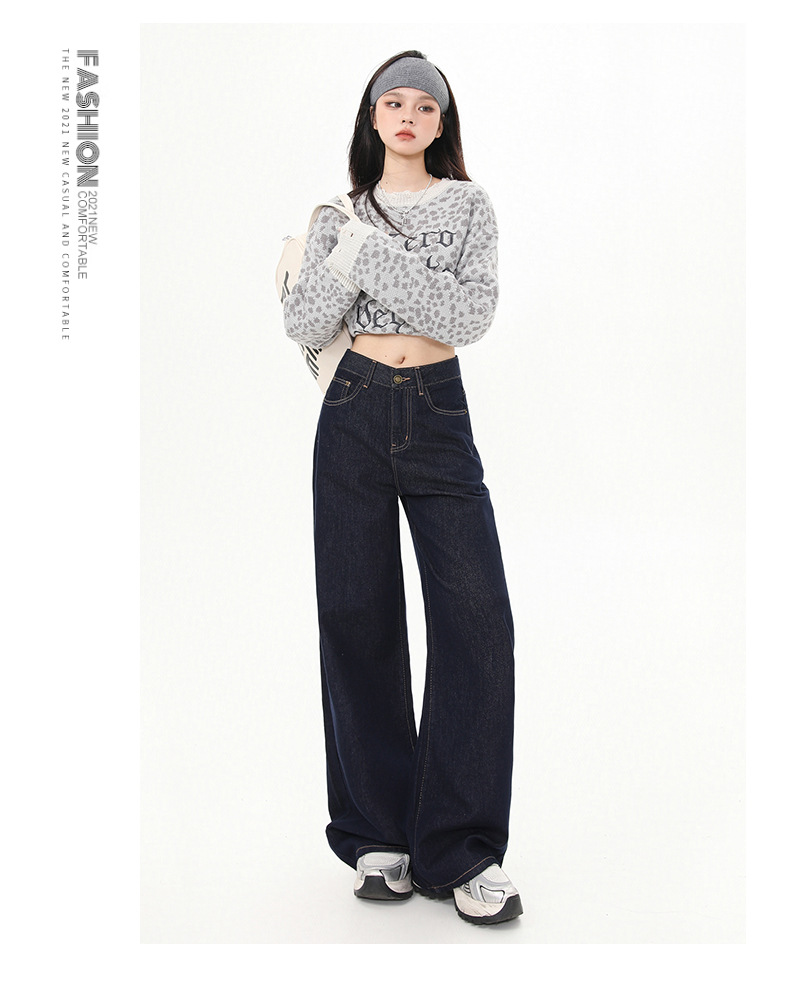 丹宁深蓝原色牛仔裤女2024秋冬宽松窄版阔腿高腰显瘦慵懒拖地裤子详情23