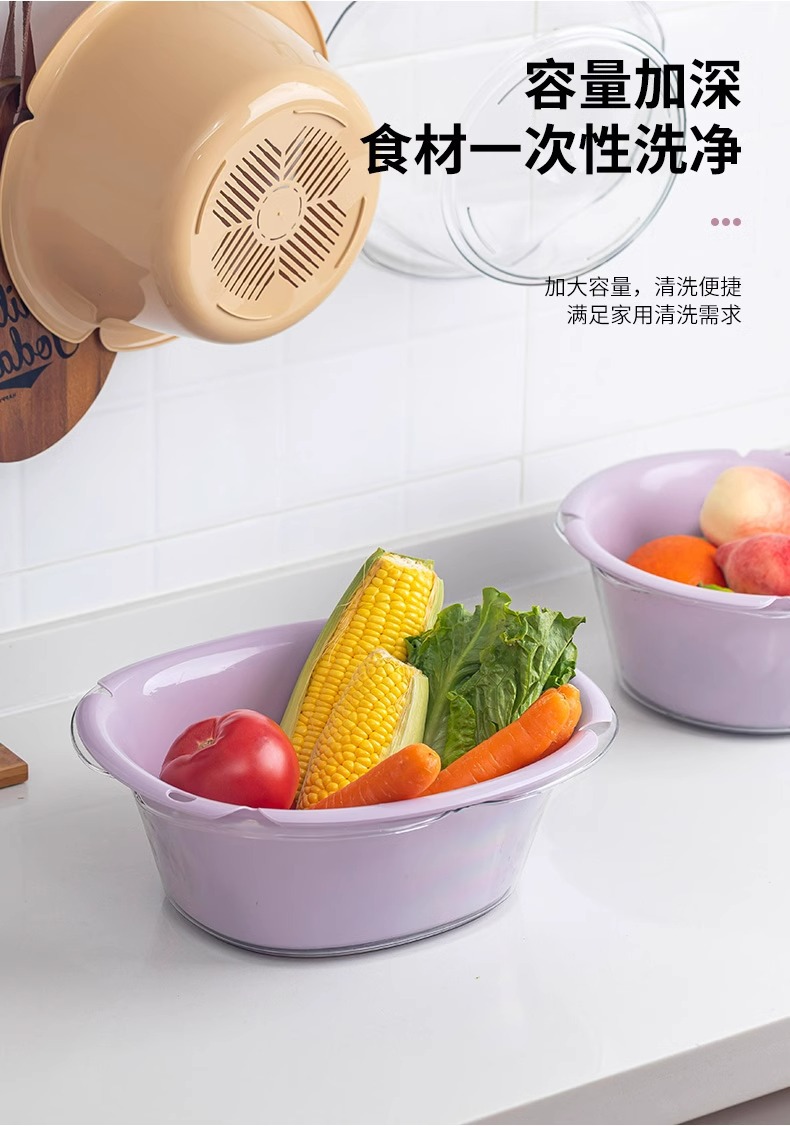 Plastic double-layer draining basket, leaky basin, rice-washing magic tool, vegetable basket, vegetable washing basin, household kitchen, fruit washing plate pic 5