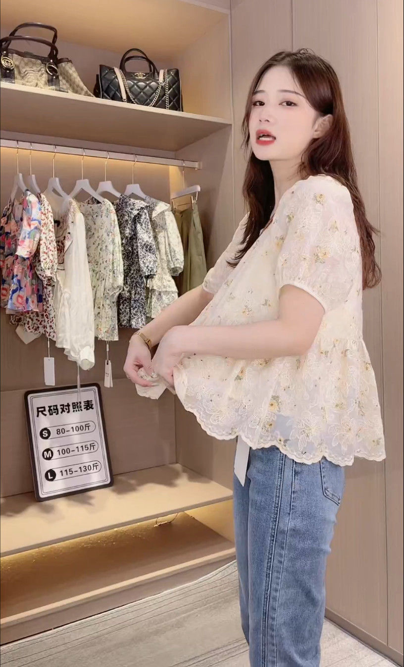 夏季新款方领碎花短袖衬衫女设计感小众洋气百搭泡泡袖别致上衣详情17