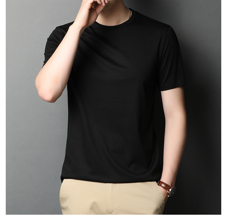 A new short-sleeved T-shirt for men made of mulberry silk in summer, with a round neck and solid color. It is a simple and thin Korean-style trendy base layer made of silk pic 47