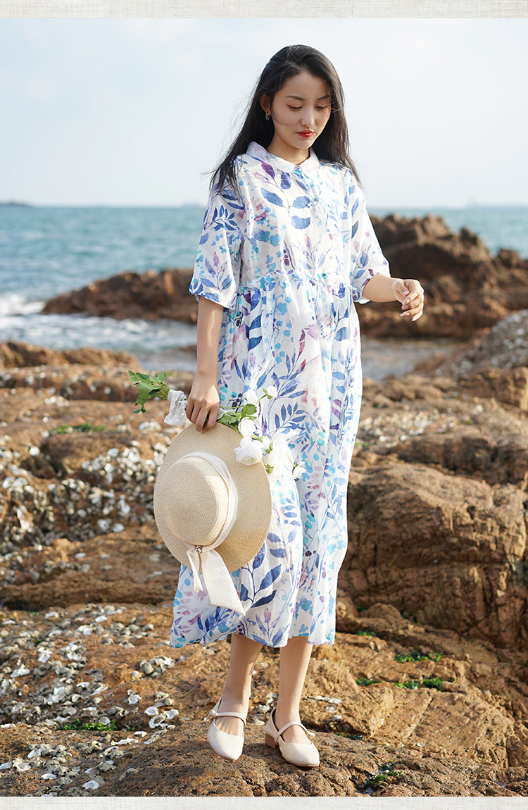 新中式棉麻女装2023春夏季新款碎花连衣裙女翻领显瘦女士苎麻长裙详情25