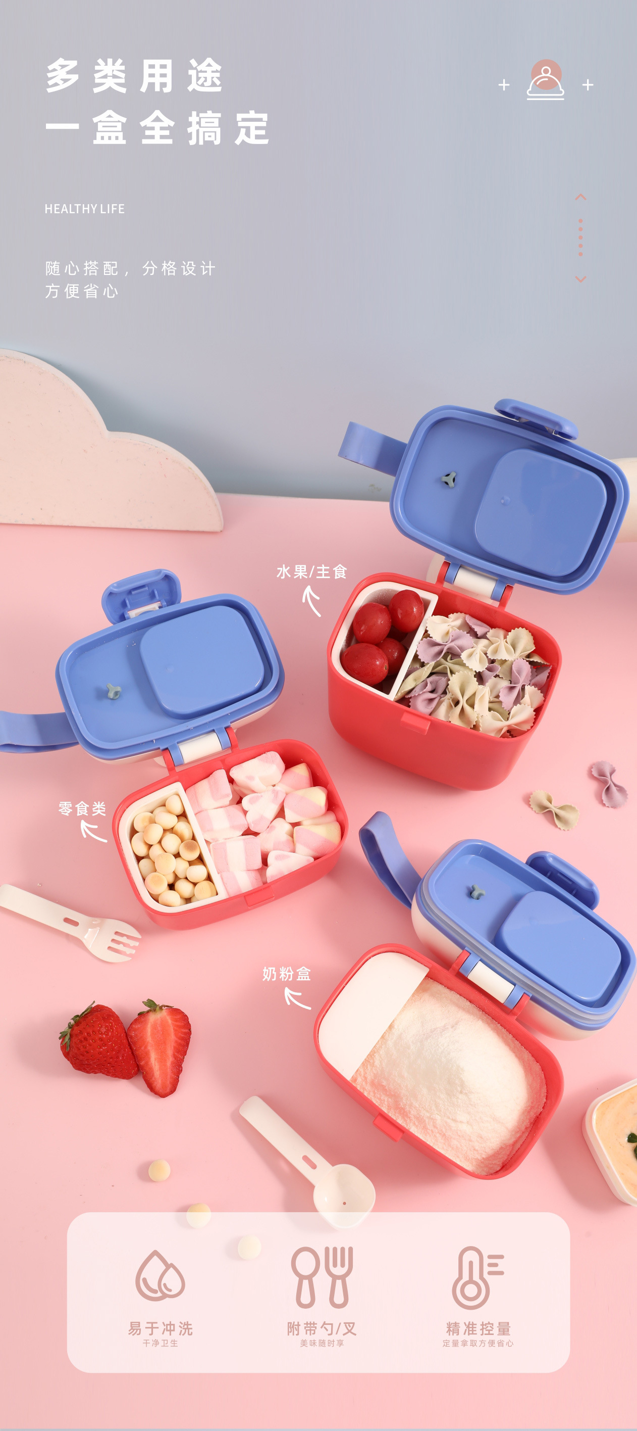 可爱宝宝辅食盒便携儿童饭盒高颜值奶粉盒带勺密封零食餐盒酱料盒详情3