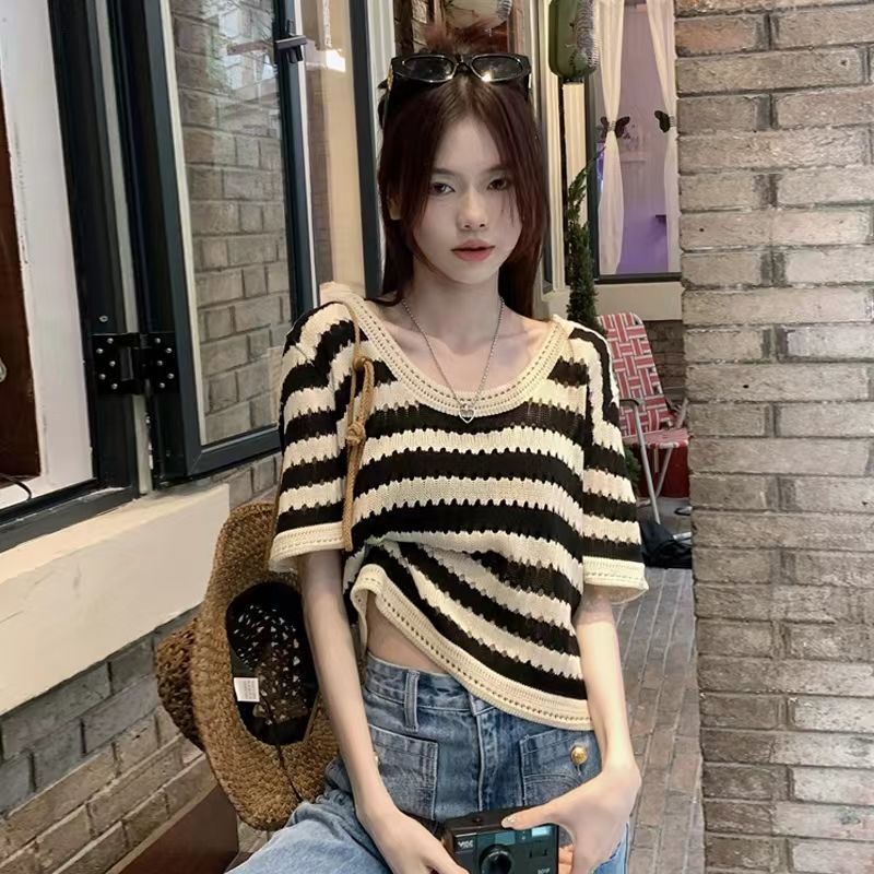 大码女装镂空韩系条纹针织短袖t恤复古圆领上衣时尚百搭2022夏季详情6