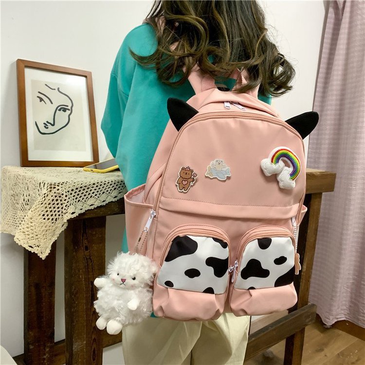 Japanese-style ins campus school style, fresh and cute, cute cow with earbuds, soft girl schoolbag, funny student backpack pic 104