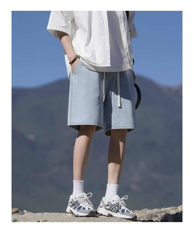 2024夏季新款牛仔短裤男浅蓝色松紧腰休闲裤潮牌百搭学生运动裤子详情6