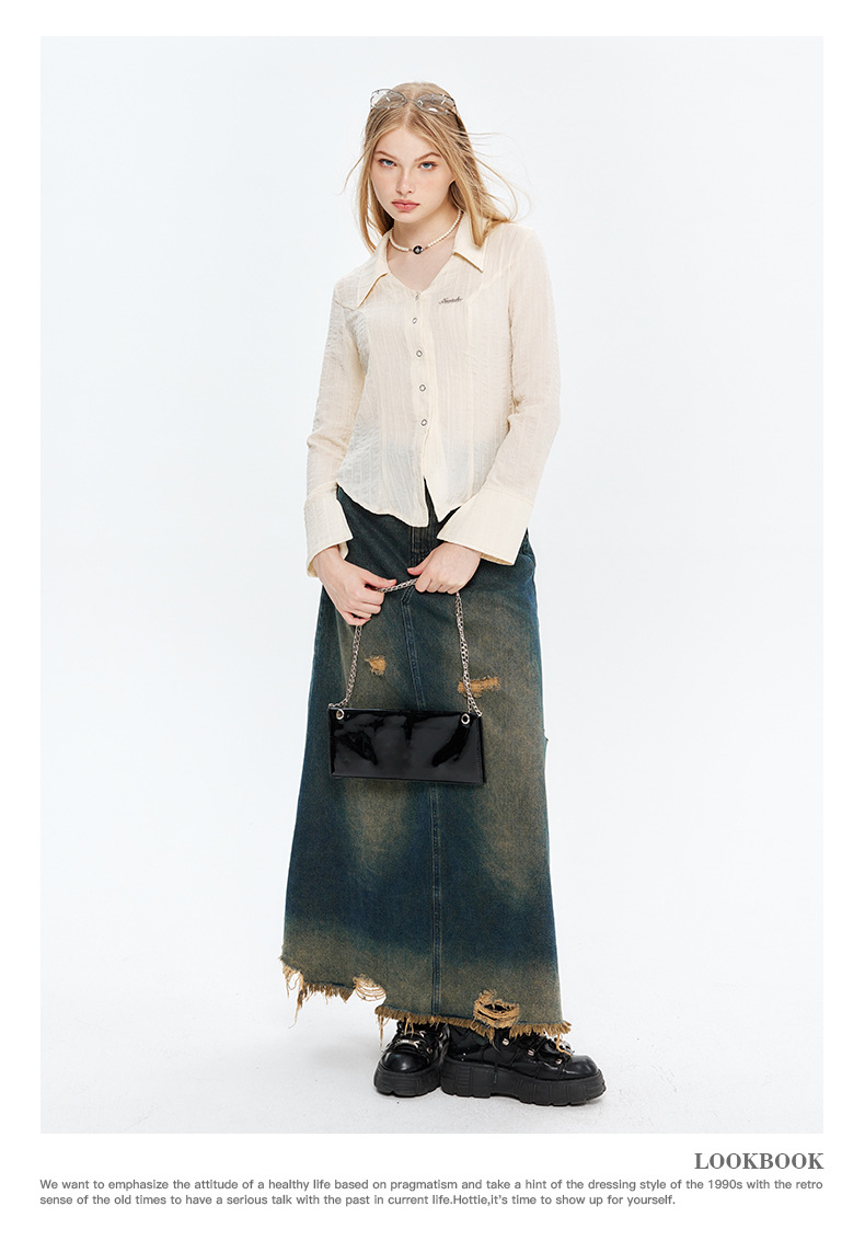 Nariele 洋气薄款开衫V领春秋短款衬衫女御姐风修身长袖韩系上衣详情16