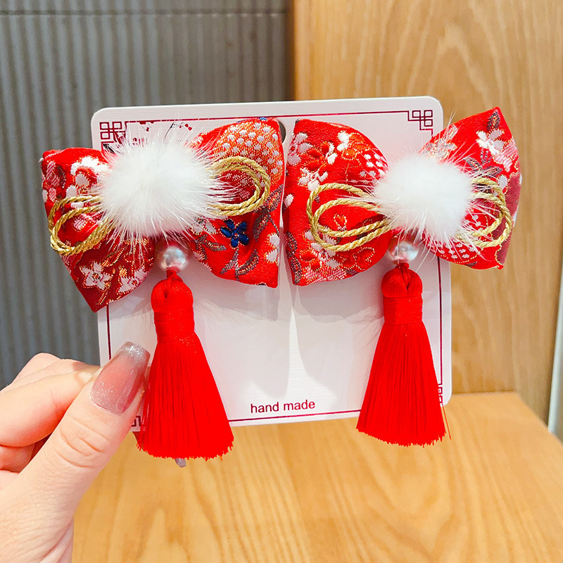 新年款红色古风流苏发夹儿童汉服发卡头饰女童复古蝴蝶结发夹发饰详情54