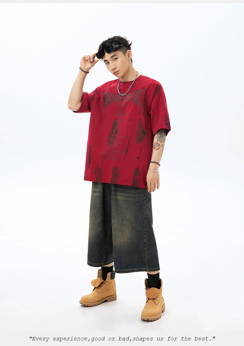 手绘印花纯棉T恤男2024夏季美式休闲情侣短袖做旧擦色复古体恤衫q详情11